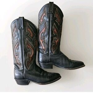 Dan Post Women's 6M Black Leather Cowboy Boots Brown Flame Inlay‎ Western 4159